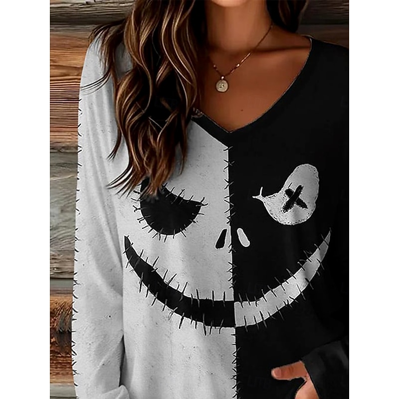Halloween Women's T shirt Monster Graphic Skull Pumpkin Vintage Stylish Classic Long Sleeve V Neck Regular Tops Daily Weekend Print Black Fall Winter2