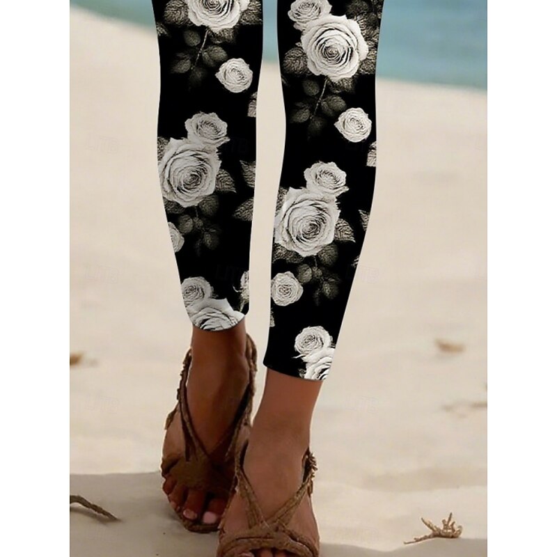 Women's Pants Trousers Leggings Streetwear Casual Full Length High Waist Floral Elastic Waist Print Breathability Comfortable Stretchy Vacation Street Daily Wear Black Summer Spring Fall Regular Fit3
