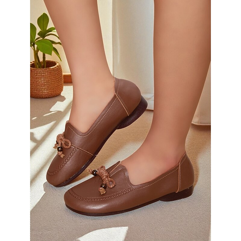 Women's Brown Loafers with Rope Knot Detail – Soft Faux Leather Moccasins for Driving, Casual Workdays and Weekend Comfort3