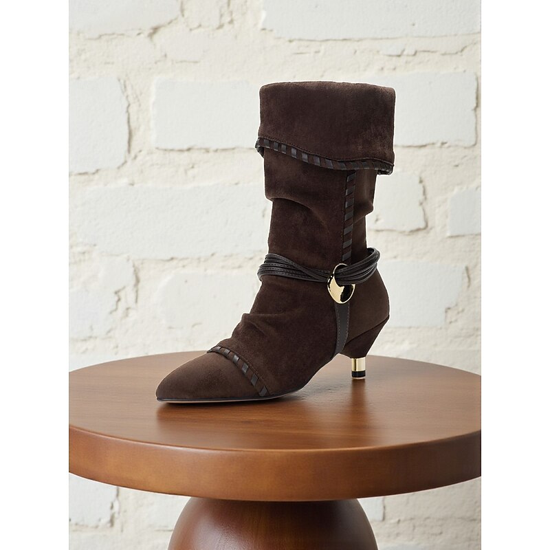 Women's Mocha Brown Suede Mid-Calf Boots with Braided Strap Detail, Fold-Over Design and Kitten Heels, Urban Casual Fashion Footwear for Women's Everyday Streetwear