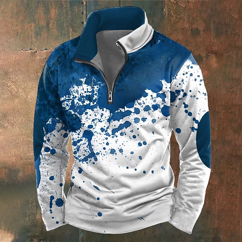 Halloween Men's Blood Splatter Blood stains Sweatshirt Casual Long Sleeve High Neck Party Holiday Club Red Blue Zipper Quarter Zip Fall Winter Designer2