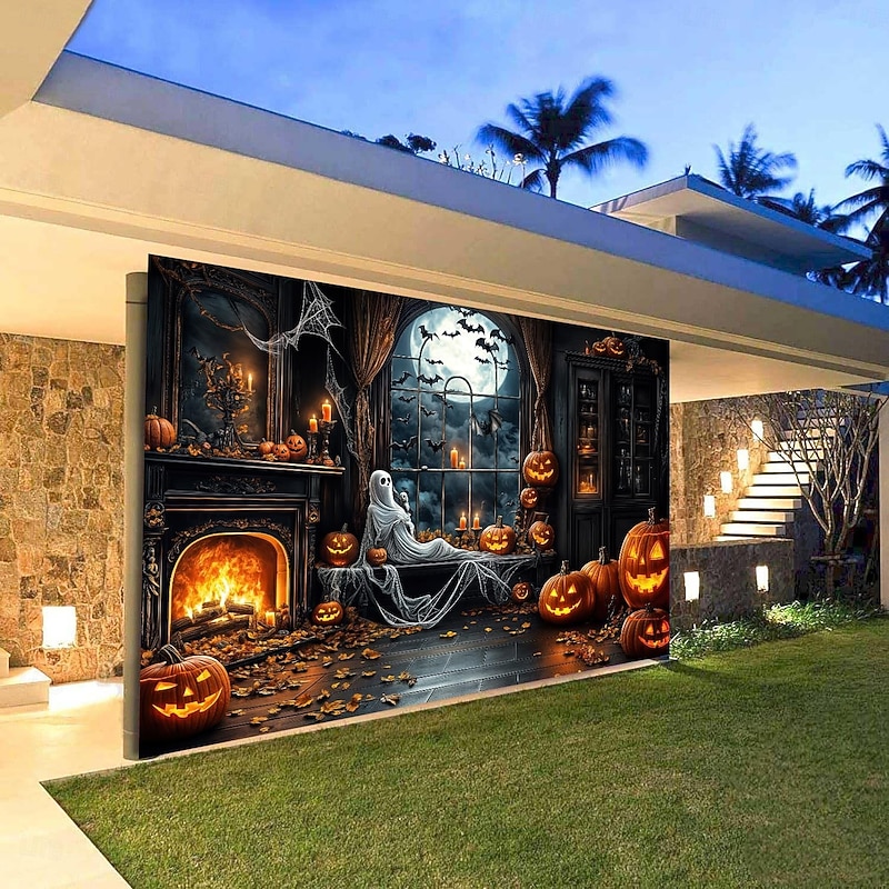 Halloween Garage Door Cover Large Hanging Backdrop Ghost Castle Dark Punk Gothic Style Party Outdoor Shooting Backgrounds Yard Haunted House Home Decor3