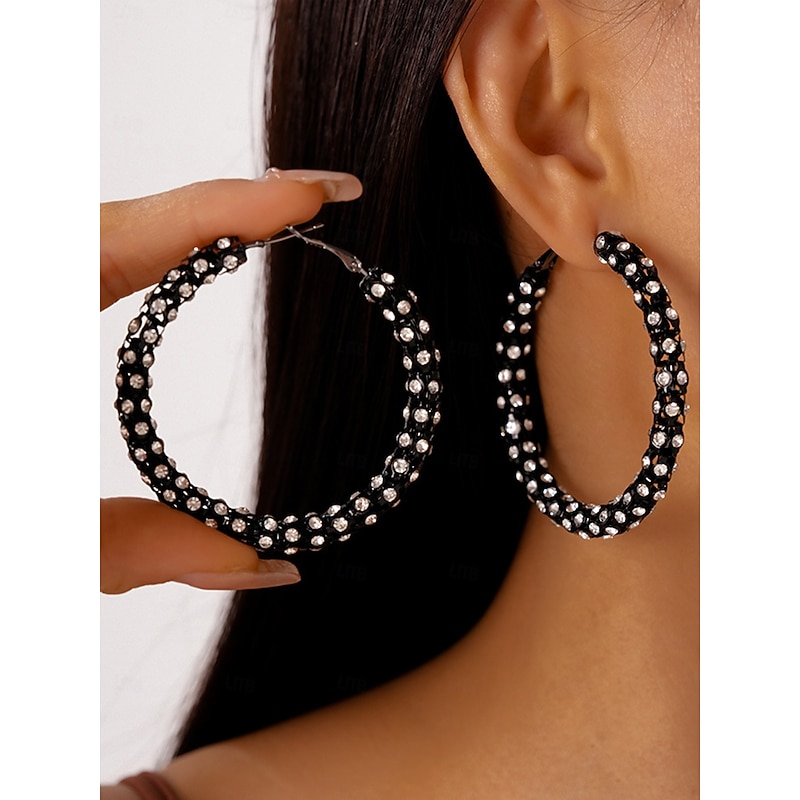 Women's Black Rhinestone Hoop Earrings - Sparkling Gatsby Style Statement Jewelry for Parties, Cocktail Nights and Vintage 1920s Events