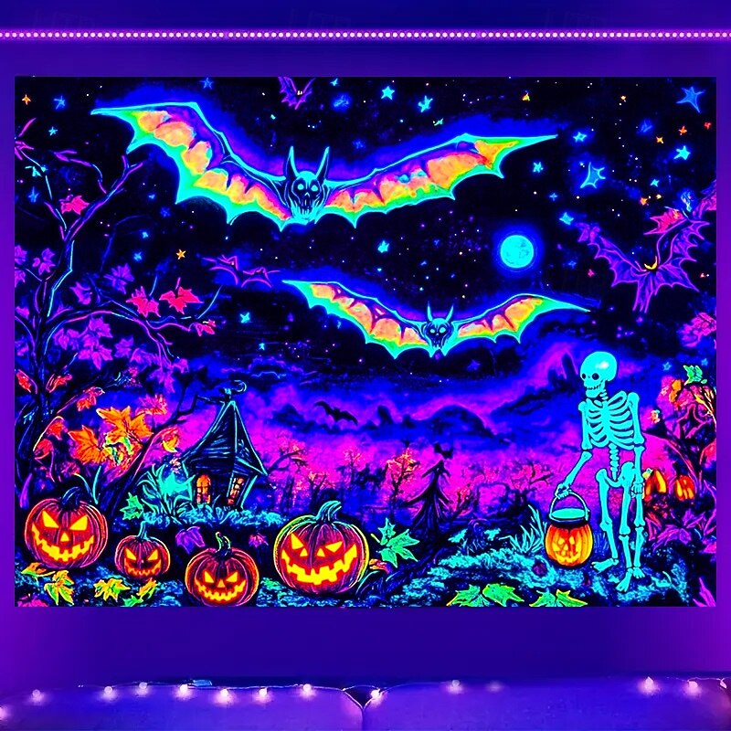 Halloween Blacklight Tapestry with Bats and Pumpkins – UV Reactive Fluorescent Glowing Skeleton Wall Hanging for Halloween Party, Trippy Spooky Wall Decor for Bedroom Living Room