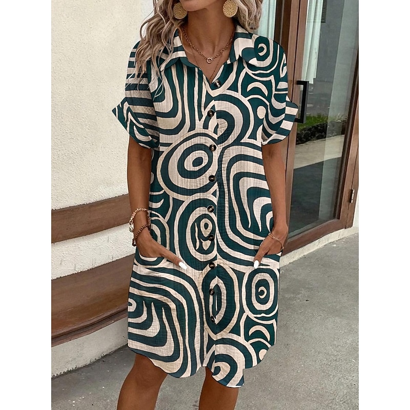 Women's Mini Dress Shirt Dress Casual Dress Print Dress Fashion Modern Daily Beach Weekend Regular Fit Geometric Short Sleeve Shirt Collar Green Summer Spring Fall Autumn