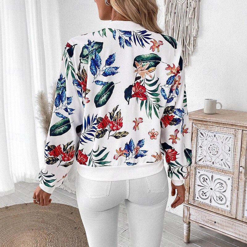 Women's Casual Jacket Comfortable Zipper Fashion Daily Modern Floral School Outdoor Vacation Home Regular Baseball Collar Regular Fit Long Sleeve Outerwear White Spring Fall3