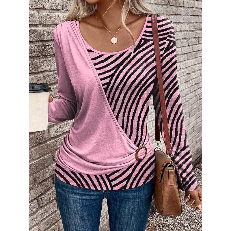 Women's T Shirt Graphic Geometric Vintage Stylish Classic Long Sleeve Crew Neck Regular Tops Daily Patchwork Print Pink Blue Green Beige Gray Spring Fall Winter4