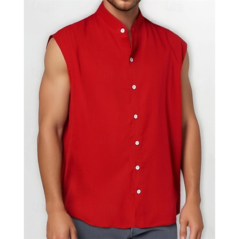 Men's Shirt Summer Shirt Casual Shirt Beach Shirt Button Up Shirt Black Light Green Pink Red Green Sleeveless Plain Band Collar Vacation Hawaiian Clothing Apparel Polyester Fashion Casual Comfortable4