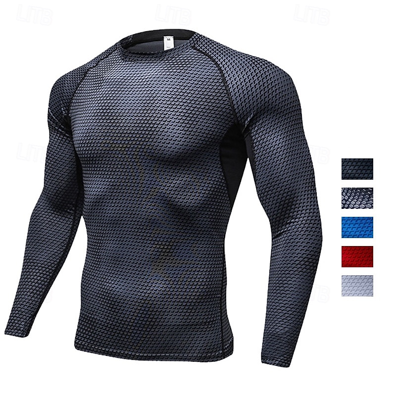 Men's Compression Shirt Workout Base Layer Workout Tops 3D Long Sleeve Top Athleisure Fall Solid Colored Quick Dry Gym Basketball Athletic Sportswear Activewear Black White Red