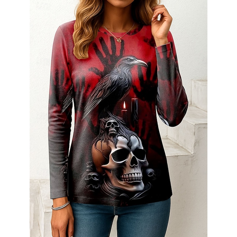 Halloween Women's T Shirt Skulls Graphic Vintage Fashion Stylish Long Sleeve Crew Neck Regular Tops Daily Weekend Print Pink Red Blue Orange Green Spring Fall Winter