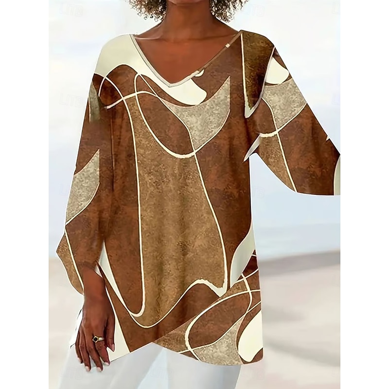 Women's Blouse Graphic Geometric Abstract Hawaiian Stylish Casual Long Sleeve V Neck Regular Tops Daily Holiday Going out Print Khaki Summer Spring Fall