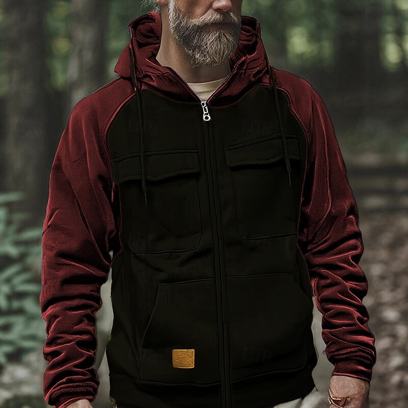 Men's Hoodie Full Zip Hoodie Black Pink Wine Army Green Royal Blue Hooded Color Block Patchwork Pocket Sports & Outdoor Daily Holiday Polyester Streetwear Basic Casual Spring Fall Clothing Apparel2