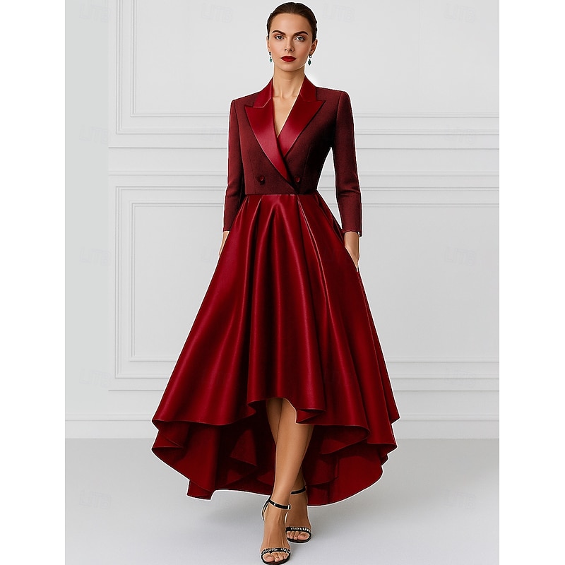 Tuxedo Dress A-Line High-low Dress Formal Satin Elegant Long Sleeve Midi Length Peak Lapel4