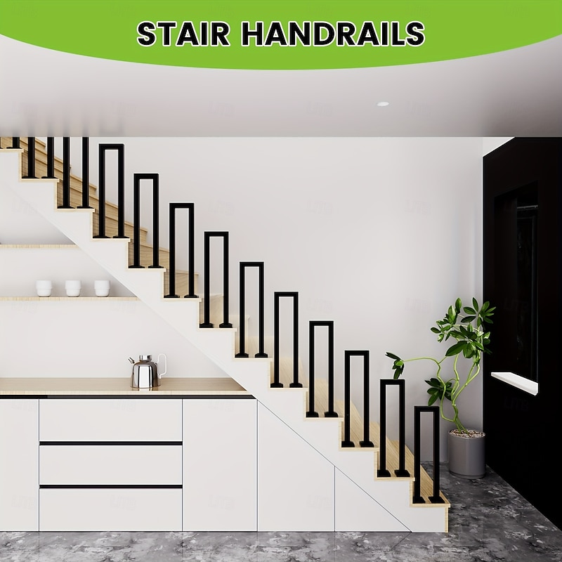 Multiple Sizes Available Non-Slip Powder-Coated Steel Vintage Black U-Shaped Stair Handrail for Indoor/Outdoor Use