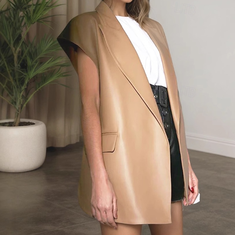 Women's Faux Leather Jacket Vest Comfortable Lace up Pocket Fashion Plain Outdoor Holiday Daily Wear Going out Open Front Long Turndown Regular Fit Sleeveless Outerwear Black Camel Winter3