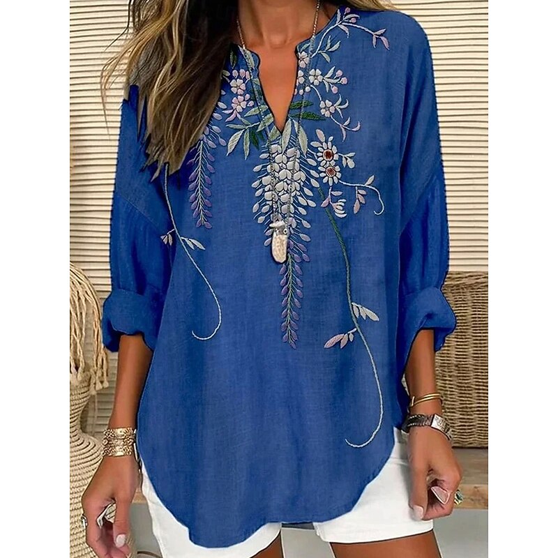 Women's Blouse Floral Graphic Vintage Daily Stylish Long Sleeve Notched Neck Regular Tops Daily Holiday Print Blue Purple Spring Fall2