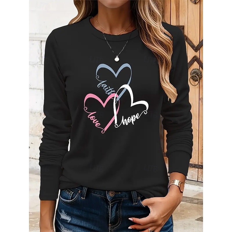 Women's T Shirt Heart Graphic Vintage Stylish Classic Long Sleeve Crew Neck Round Neck Regular Tops Daily Print Black Blue Khaki Rose Pink Summer Spring Fall4