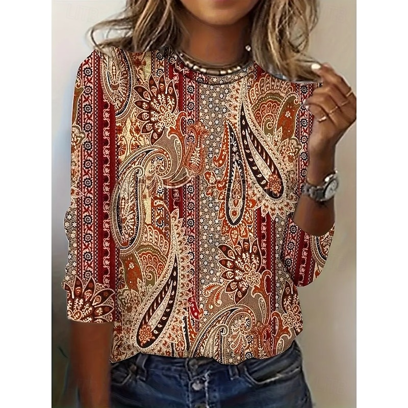 Women's T Shirt Floral Graphic Paisley Vintage Fashion Stylish Long Sleeve Crew Neck Round Neck Regular Tops Daily Weekend Print Blue Dusty Blue Purple Orange Brown Spring Fall Winter