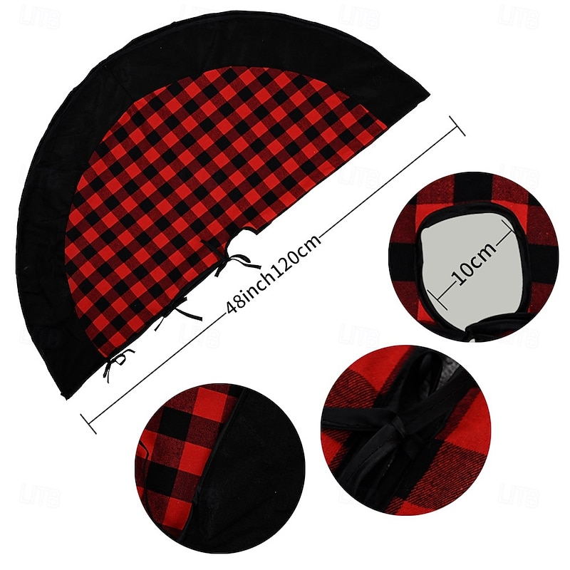 Christmas Tree Skirt Red and Black Plaid Velvet Fabric 120cm Festive Holiday Decoration Perfect Christmas Tree Base Cover Cozy Seasonal Home Ornament3