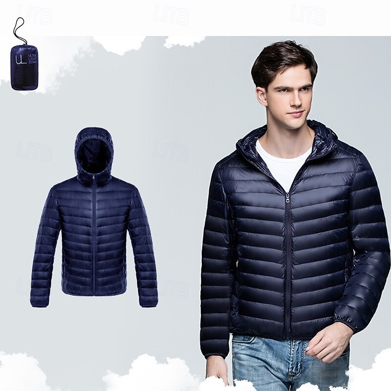 Men's Winter Coat Down Jacket Puffer Jacket Padded Jacket Pocket 50% White duck down Vacation Daily Wear Date Regular Fashion Casual Comfortable Thermal Warm Winter Solid / Plain Color Wine Black2