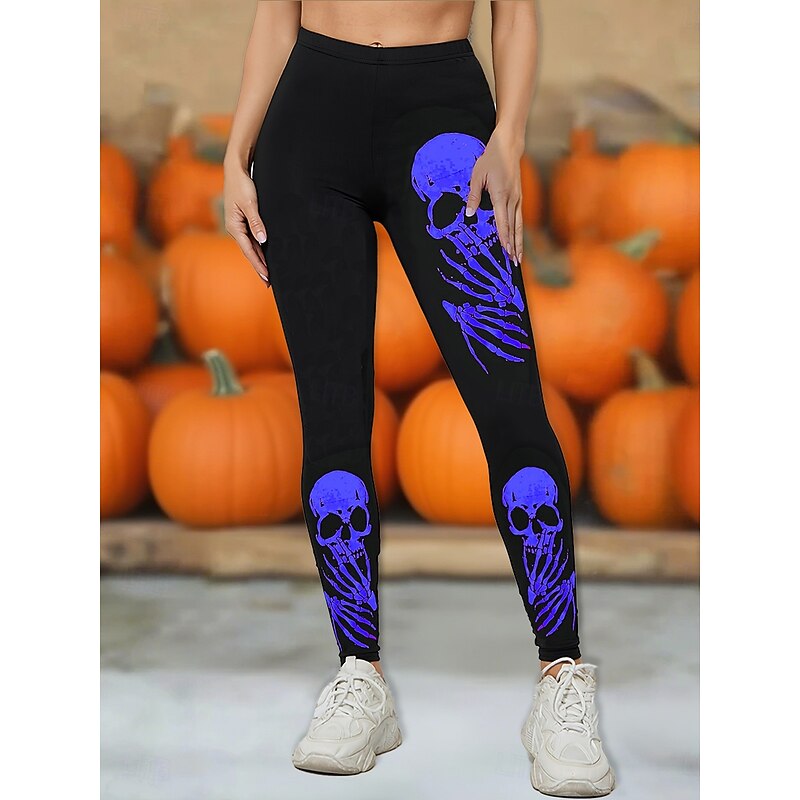 Women's Leggings Vintage Streetwear Full Length High WaistPantsHalloween Graphic Skull Printing Thermal Warm Soft Breathable Stretchy Outdoor Daily Violet White Blue Mint Green Spring Fall Slim Fit4