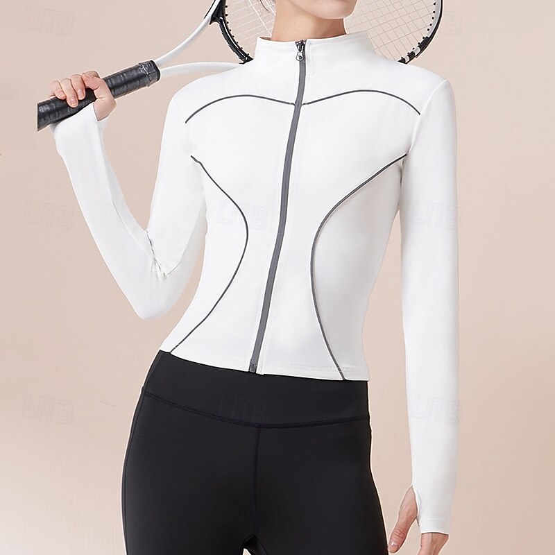 Women's Workout Jacket Stand Collar Lightweight with Thumbholes Long Sleeve Sports Solid Color Top For Gym Athletic Running Slim Activewear3
