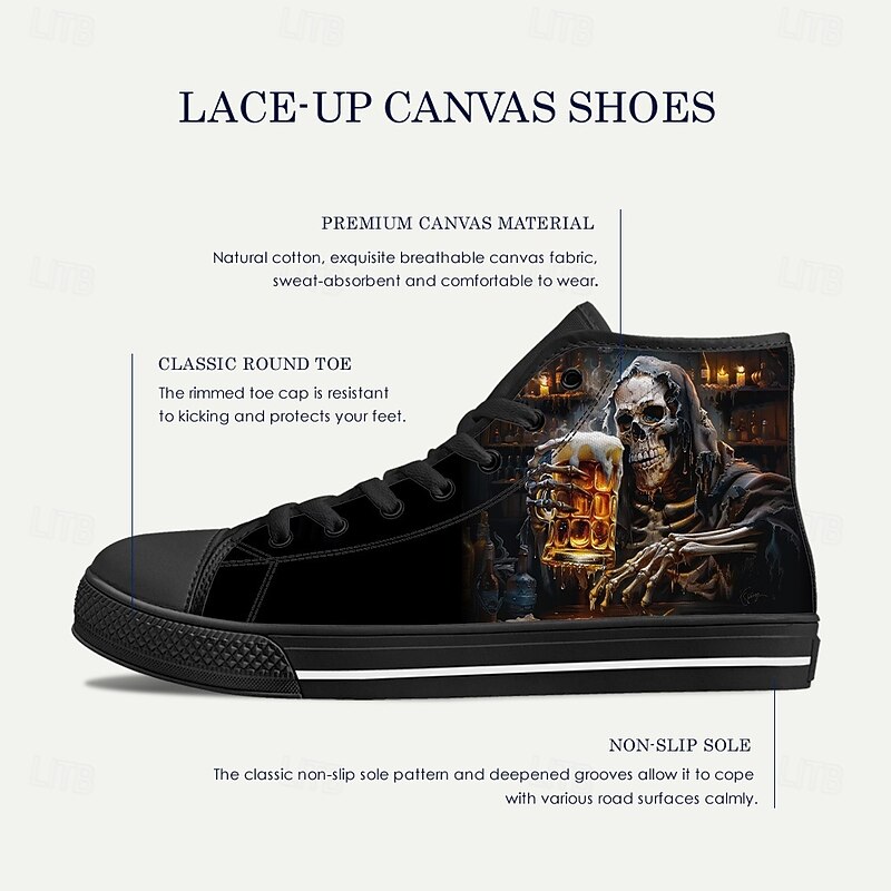 Men's High-Top Canvas Sneakers with Grim Reaper Beer Mug Print – Durable Casual Lace-Up Shoes for Halloween, Gothic Style & Night Events4