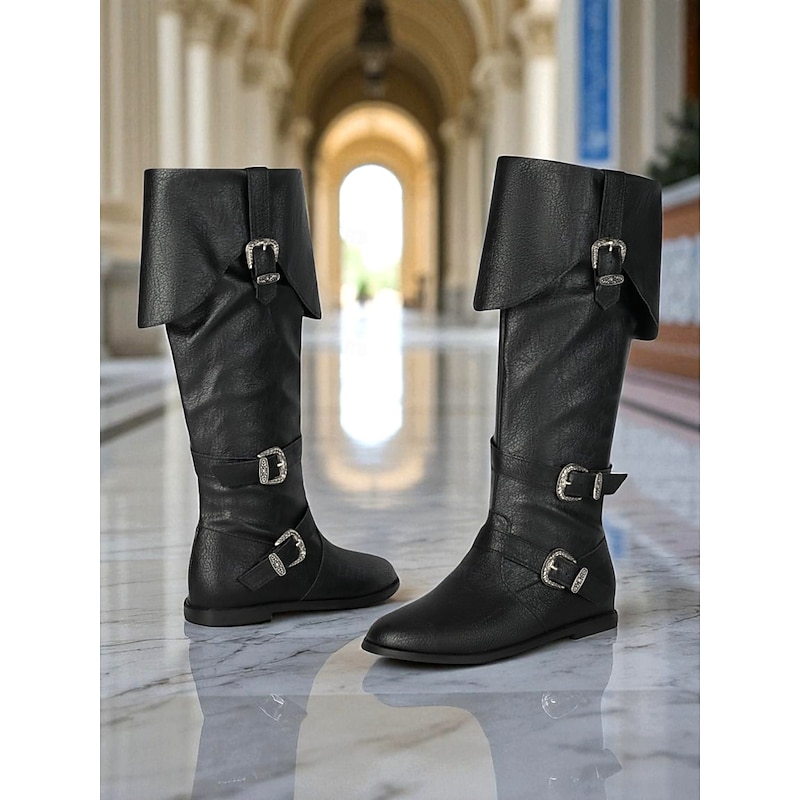 Women's Khaki Faux Leather Knee-High Boots - Vintage Riding Style with Fold-Over Cuff and Silver Buckle Straps, Comfortable Flat Heel Footwear for Autumn Outdoor, Equestrian and Casual Wear