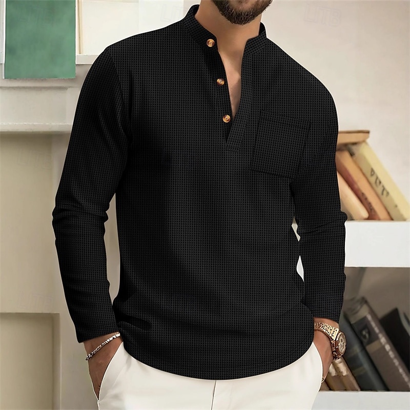 Men's Shirt Popover Shirt Summer Shirt Casual Shirt Beach Shirt Black White Wine Dark Green khaki Long Sleeve Plain Band Collar Vacation Hawaiian Clothing Apparel Polyester Fashion Casual Comfortable2