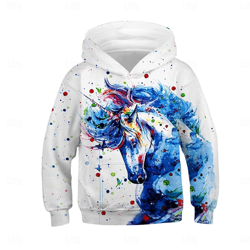 Boys' 3D Unicorn Hoodie Long Sleeve Spring Fall Fashion Streetwear Kids 4-12 Years Hooded Outdoor Casual Daily Regular Fit