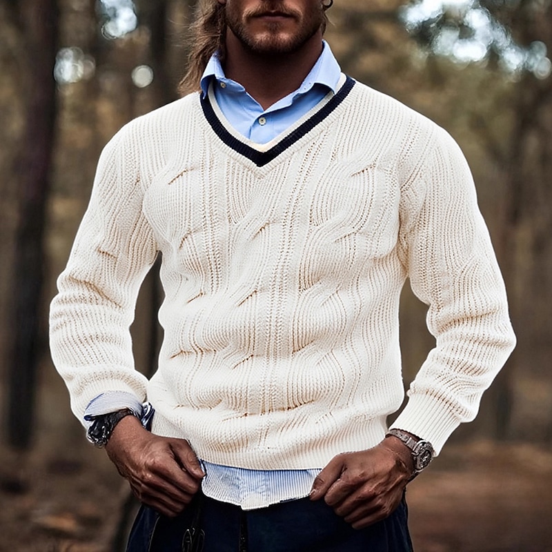 Men's Pullover Sweater Jumper Knit Sweater Ribbed Knit Regular Tops Knitted Plain V Neck Fashion Basic Vacation Daily Wear Clothing Apparel Fall Winter Black White M L XL
