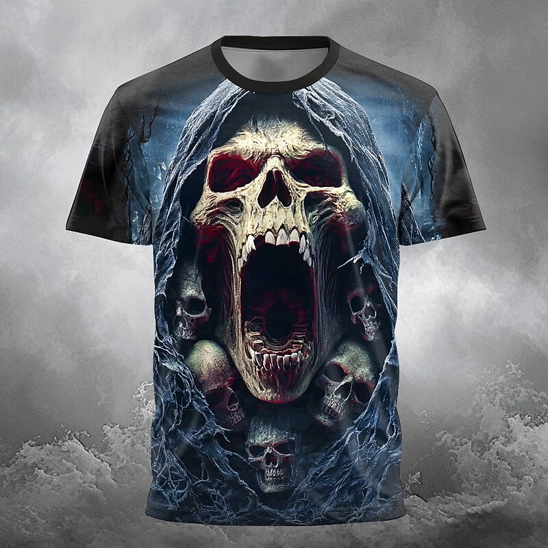 Halloween Men's Grim Reaper 3D Reaper T Shirt Short Sleeve T shirt 3D Print Crew Neck Shirt Exaggerated Designer Horror Party Street Holiday Black 4 Black 1 Black 3 Summer Spring All Seasons Clothing