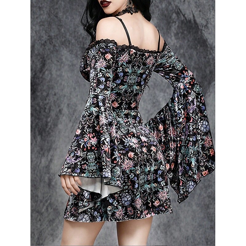 Gothic Mini Dress Mini Dress Witch Off Shoulder Floral Fancy Dress Women's Fantasy Halloween Carnival Performance Party Adults Dress (Without Belt)2