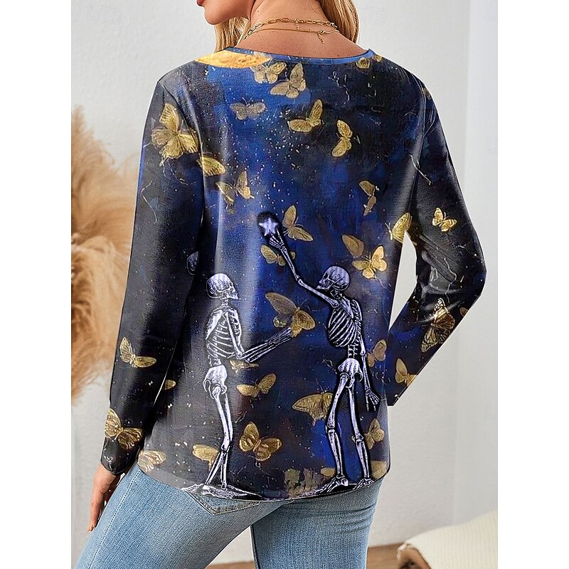 Halloween Women's T Shirt Skulls Graphic Witch Vintage Fashion Stylish Long Sleeve Crew Neck Regular Tops Daily Print Pink Blue Purple Fall Winter4