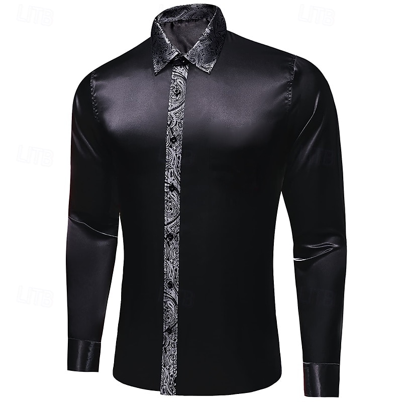 Men's Shirt Silk Like Satin Shirt Casual Shirt Button Up Shirt Prom Shirt Plain Formal Wedding Black Long Sleeve Lapel Spring &  Fall All Seasons Clothing Apparel