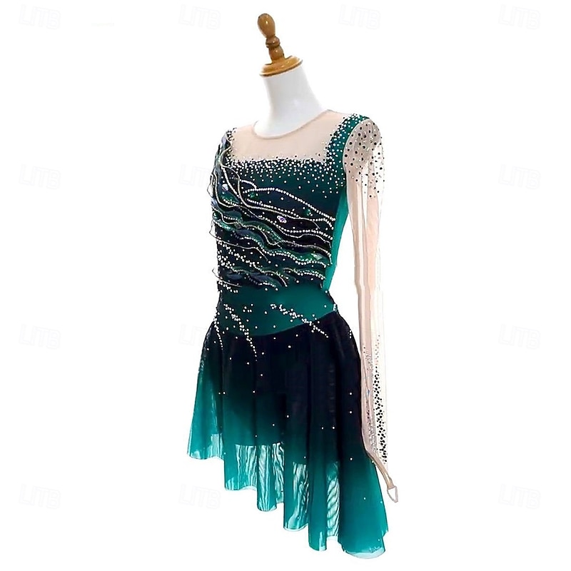Figure Skating Dress Women's Girls' Ice Skating Dress Dark Green Open Back Asymmetric Hem Mesh High Elasticity Training Competition Skating Wear Classic Crystal / Rhinestone Long Sleeve Ice Skating Figure4