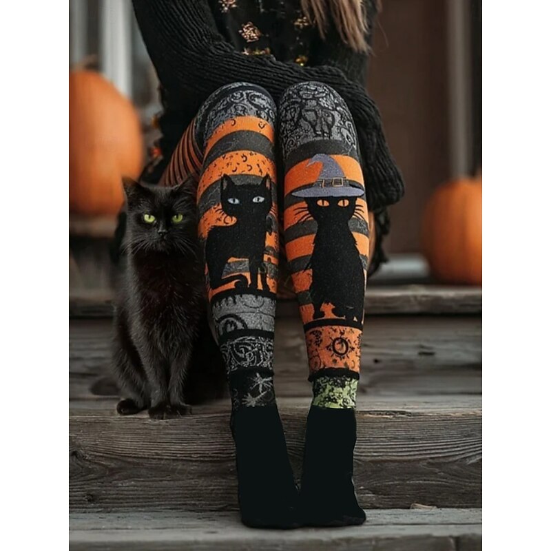 Women's Leggings Vacation Vintage Fashion Full Length High WaistPantsHalloween Graphic Skull Cat Printing Soft Breathable Stretchy Outdoor Vacation Street Dark-Gray Light Grey Orange Summer Spring2