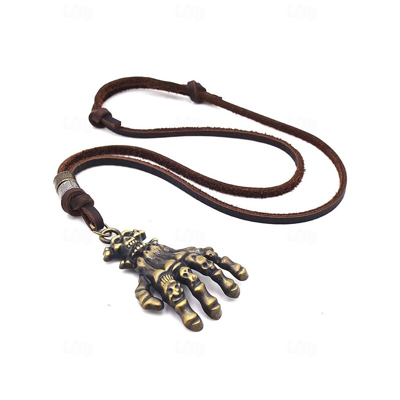 Men's Halloween Skeleton Hand Pendant Necklace – Vintage Bronze Leather Cord Gothic Jewelry for Party, Cosplay and Nightlife3