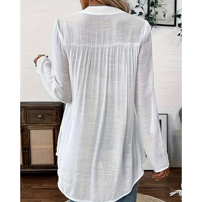 Women's Shirt Solid Color Elegant Stylish Basic Long Sleeve V Neck Regular Tops Daily Going out Lace White Spring Fall3