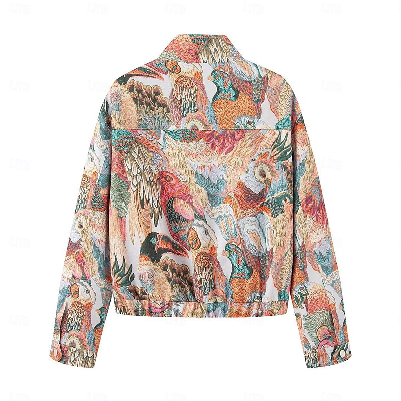 Women's Casual Jacket Comfortable Zipper Boho Vintage Floral School Vacation Home Office Short Stand Collar Regular Fit Long Sleeve Outerwear color Spring Fall2