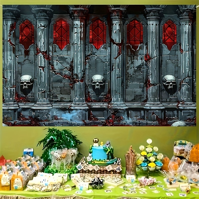 Gothic Skull Wall Tapestry – Haunted Castle Pillar Design with 3D Horror Elements, Halloween Backdrop Hanging for Bedroom or Gaming Room Decor2