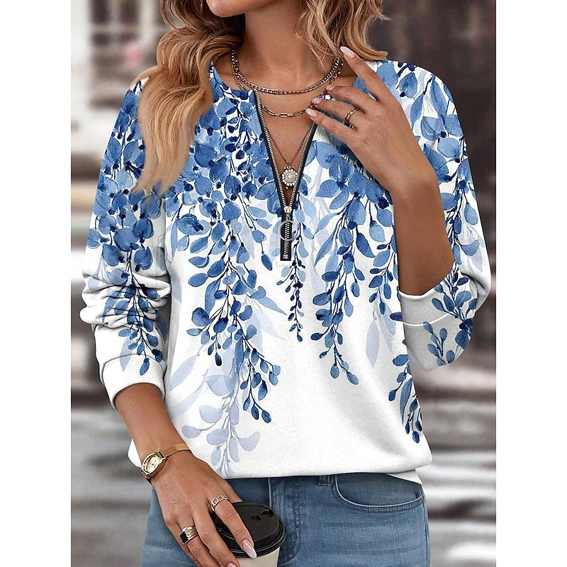 Women's Pullover Sweatshirt Zip Up Sweatshirts Floral Graphic Fashion Casual Long Sleeve Crew Neck Regular Tops Street Dailywear Zipper Print White Blue Light Blue Spring Fall Winter