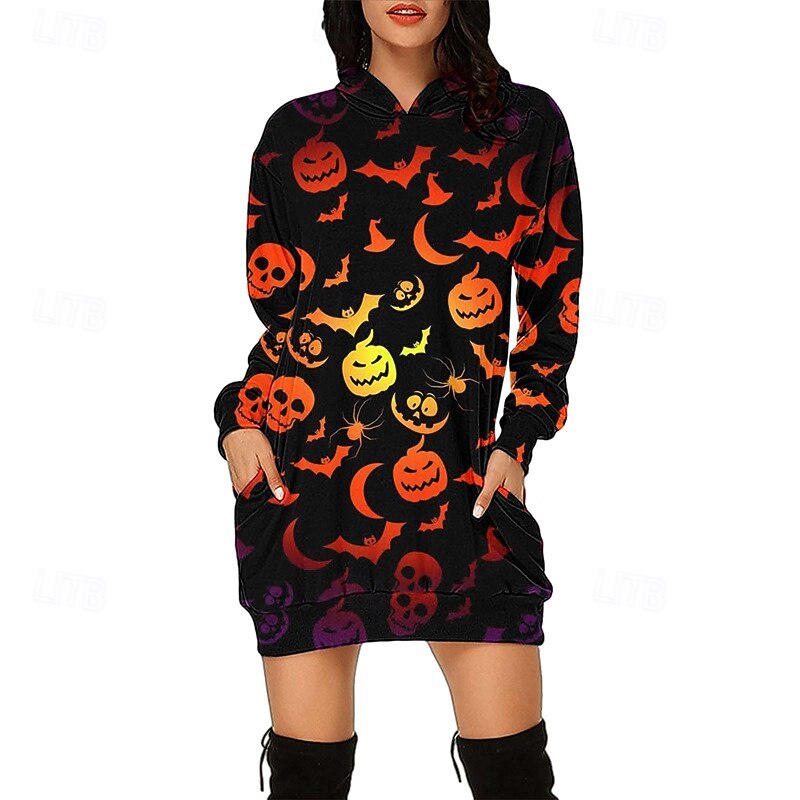 Women's Mini Dress Hoodie Dress Casual Dress Fashion Modern Outdoor Halloween Daily Regular Fit Pumpkin Long Sleeve Hooded Black Royal Blue Light Purple Purple Spring Fall3