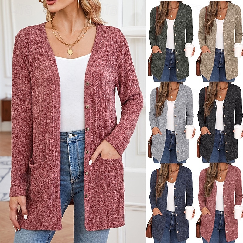 Women's Winter Coat Lightweight Pocket Knitting Elegant Vintage Fashion Daily Plain School Outdoor Vacation Home Buttoned Front Short V Neck Regular Fit Long Sleeve Outerwear Black Red Royal Blue