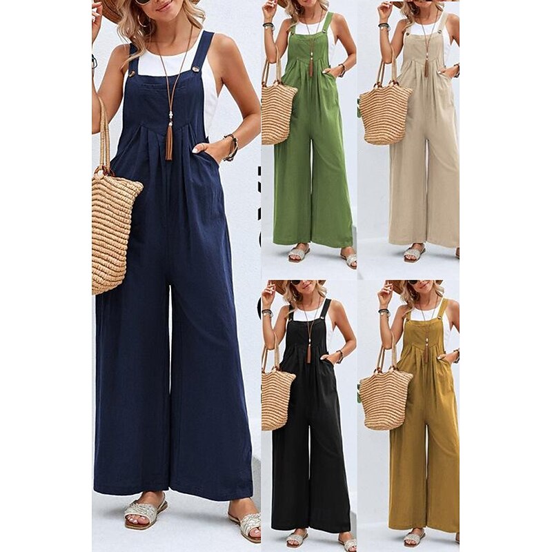 Women's Overall Active Solid Color Sleeveless  Jumpsuit  Wide Leg Square Neck Pocket Buttons Vacation Daily Loose Fit Black Yellow Pink Summer