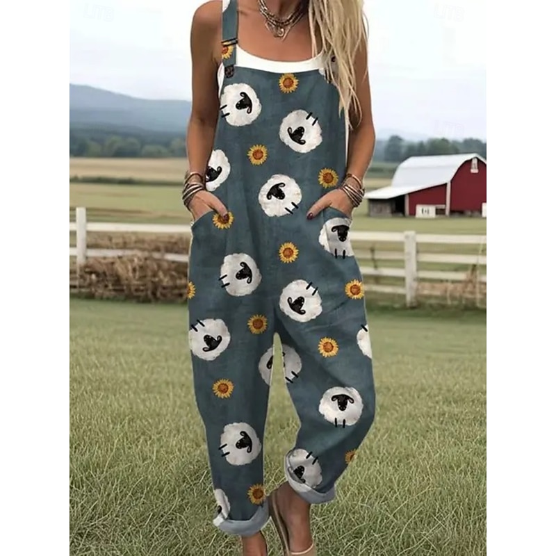 Women's Dungarees Active Floral Sleeveless Sleeveless Straight Square Neck Pocket with Pocket Vacation Street Loose Fit White Yellow Army Green Summer3