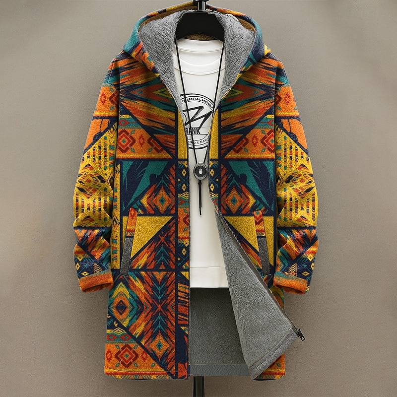 Men's Geometric Winter Coat Fleece Jacket Coat Thermal Warm Comfortable Casual Daily Wear Zipper Pocket 3D Print Fall Winter Hooded Long Sleeve Red Blue Green