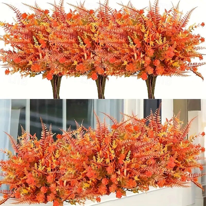6 Bundles Artificial Fall Flowers UV Resistant Faux Plants in Orange/Yellow/Brown/Red, Durable Plastic Autumn Bouquet for Indoor Outdoor Home Decor, Thanksgiving Halloween Christmas Wedding Centerpieces