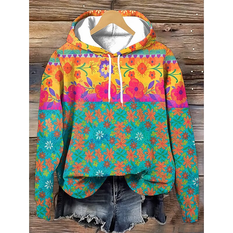 Women's Hoodie Pullover Sweatshirt Oversized Long Sleeve Casual Graphic Geometric Warm Retro Hooded Regular Tops Street Dailywear Print Wine Red Green Army Green Spring Fall Winter3