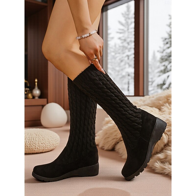 Women's Black Knit Mid-Calf Winter Boots – Warm Slip-On Wedge Boots for Cold Weather and Casual Outfits3